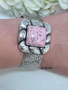 bs8061 Large Puffed Sterling Square with Hand-Cut Stone - Cuff Bracelet (Hot Pink Rhodo)