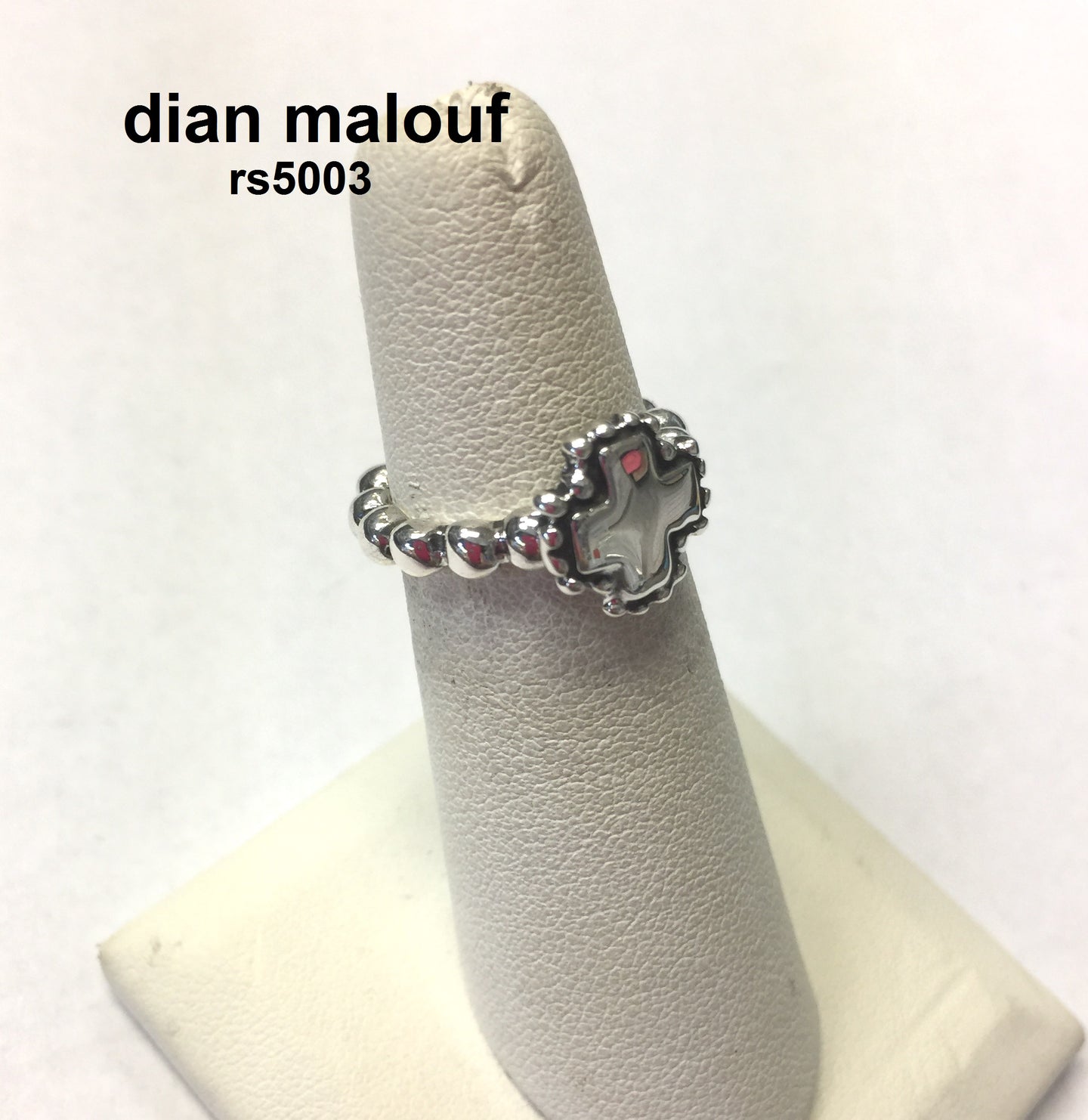 rs5003 - Small Sterling Silver Cross Charm Ring On Beaded Band