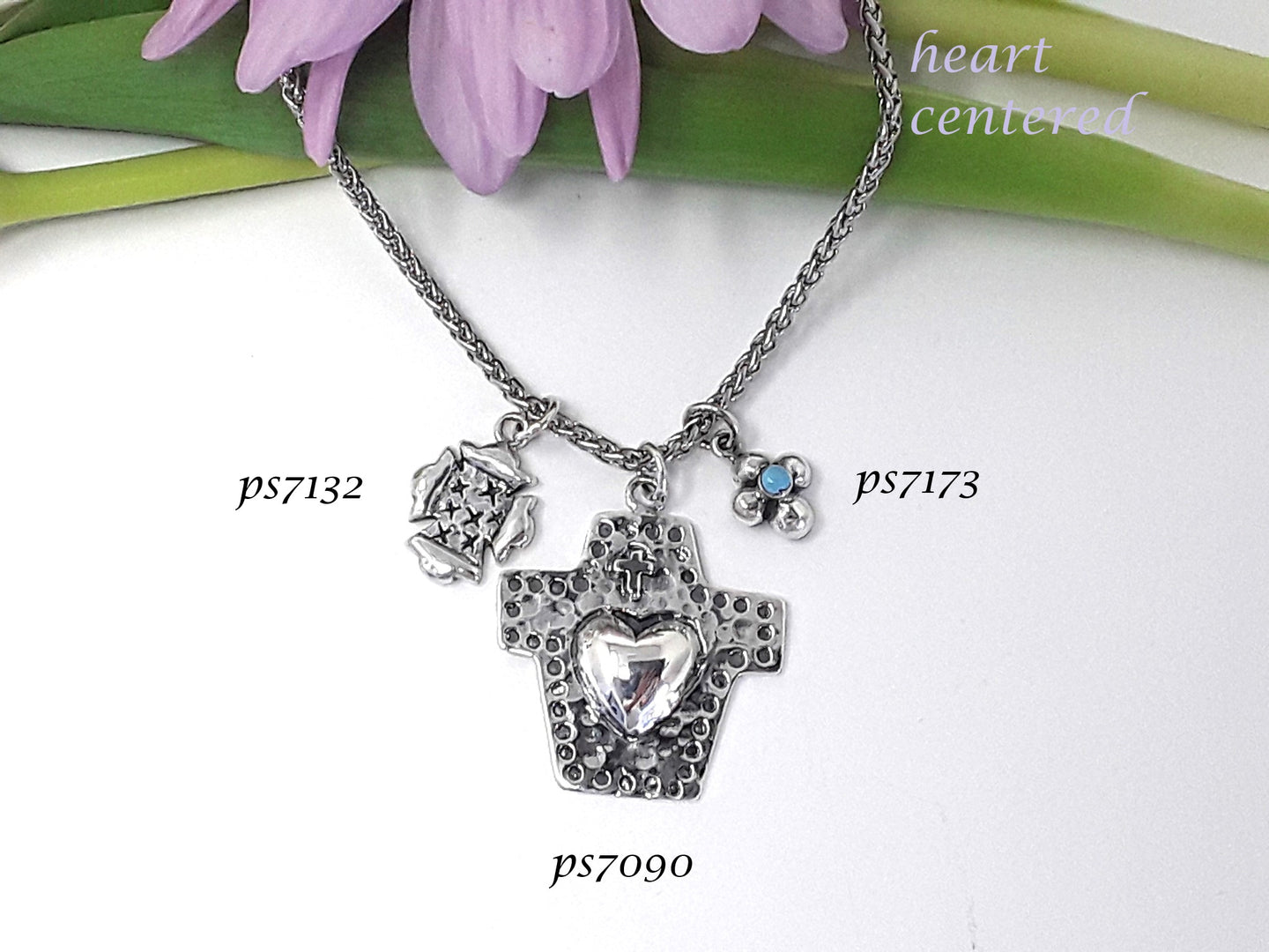 ps7090 - Sterling Silver Cross with Smooth Heart Center (Middle Charm)