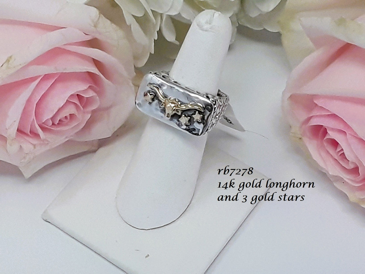 rb7278 - Sterling Silver Textured Shank Longhorn Ring With Three 14k Gold Stars And One 14k Gold Longhorn