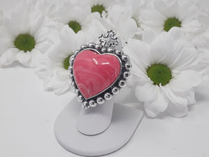 rs8598 - Sacred Heart Stone Ring with Sterling Silver Beads and Sterling Silver Cross Top (Choice Of Cut Stone)